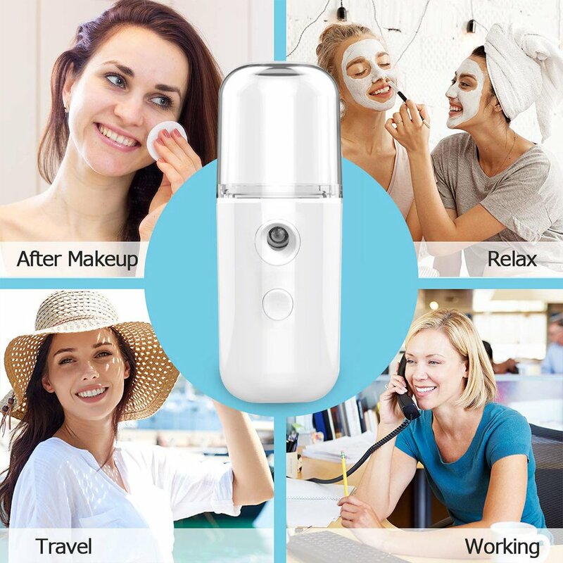 Nano spray de água reabastecedor de hidratação, mini instrumento portátil recarregável facial a vapor, umidificador hidratante de beleza