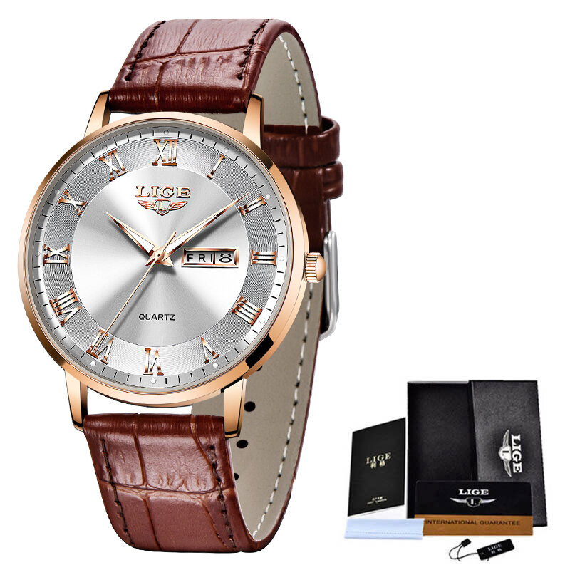 LIGE-Relógio de pulso masculino ultra-fino de quartzo esportivo, couro, impermeável, casual, relógio, masculino, marca de topo, moda