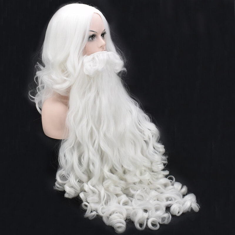 Natal Santa Cosplay Santa Claus Wig dan Jenggot Rambut Sintetis Pendek Cosplay Wig Putih Aksesoris Hairpiece Santa Jenggot 70 Cm