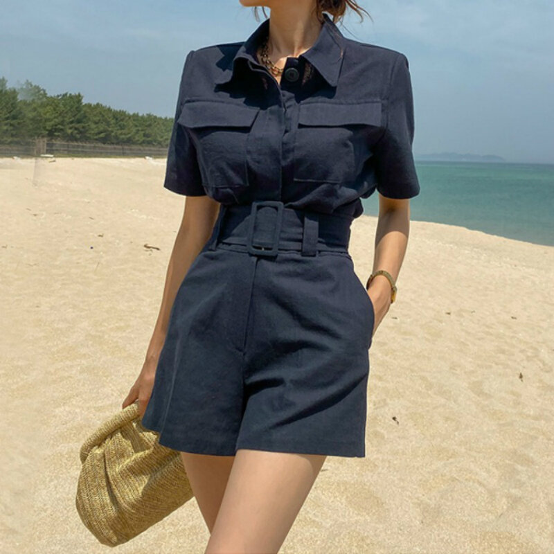 Sheer Womens Casual Two Piece Set New Arrival 2020 Singer Breasted Shirts with Pocket and Shorts Ladies OL Office Work Suit Set
