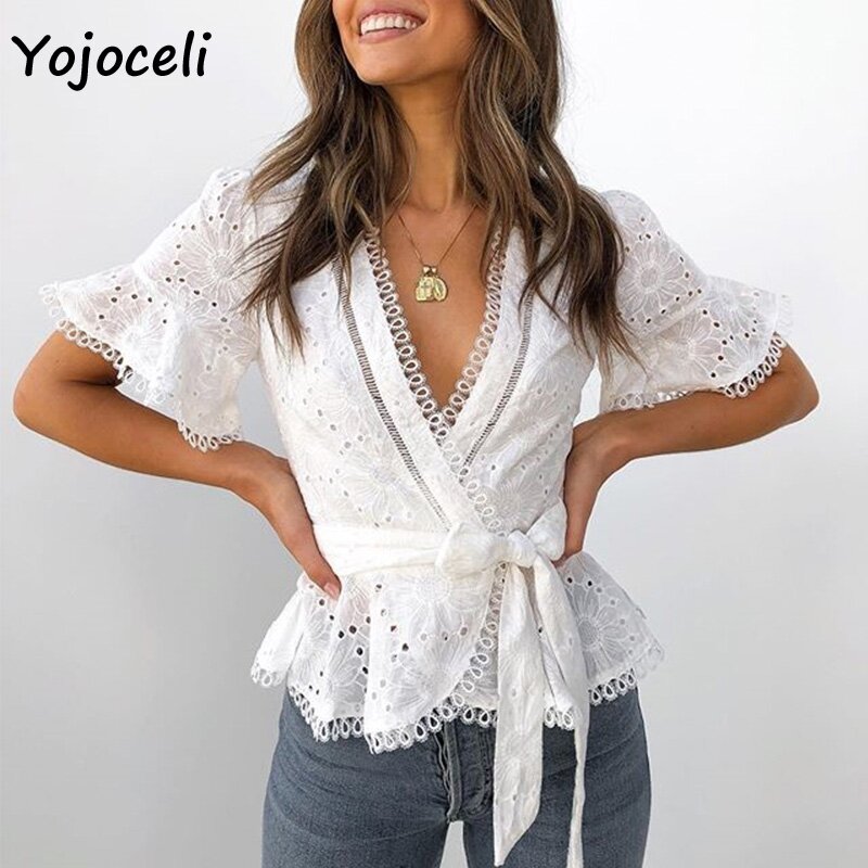 Yojoceli-Blusas de renda de algodão bordado para mulheres, plissado Bow, camisa feminina, blusas Boho, novas