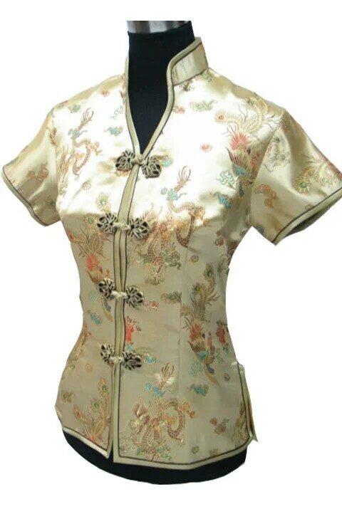 Promotion Blue Chinese Style Women Summer Blouse V-Neck Shirt Tops Silk Satin Tang Suit Top S M L XL XXL XXXL JY0044-4