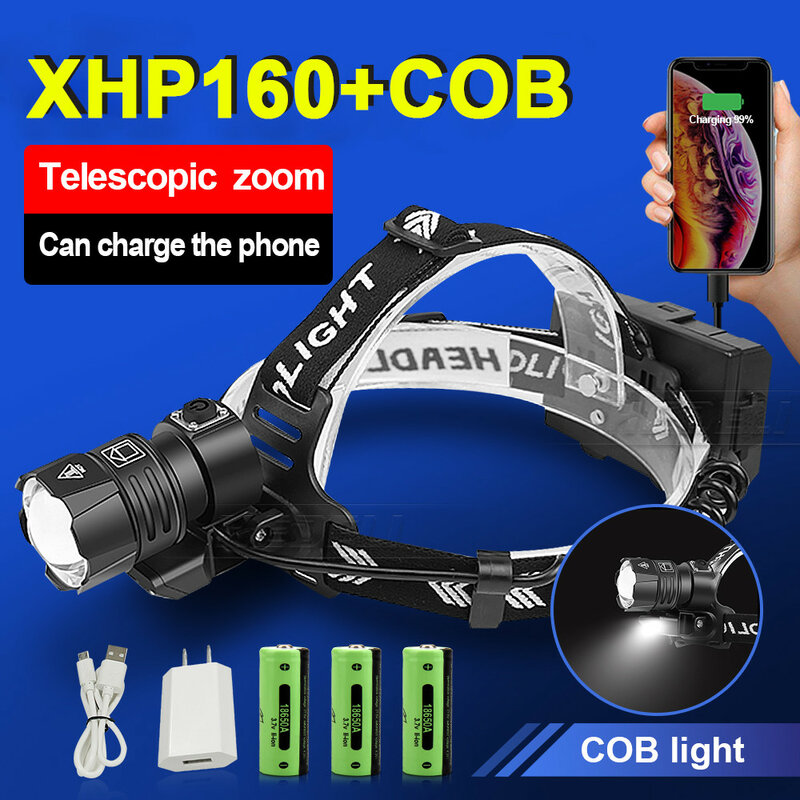 Новинка XHP160 самый мощный яркий светодиодный налобный фонарь XHP90 Мощный светодиодный налобный фонарь 18650 светильник заряжаемый налобный фонарь Zoom Usb налобный фонарь