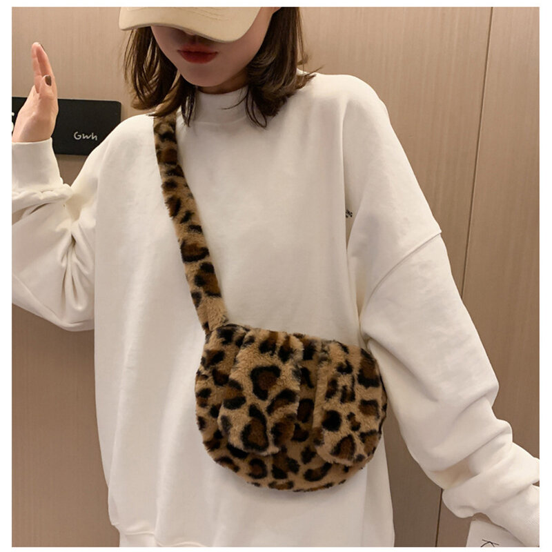 Женская сумка на плечо с леопардовым принтом и искусственным мехом, мягкая зимняя плюшевая ручная сумка с заячьими ушками для женщин, пушистая сумка через плечо