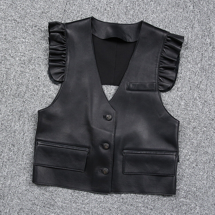 2021 New Style Women's Fashion  Genuine Leather Vest Sleeveless Lace Sleeve