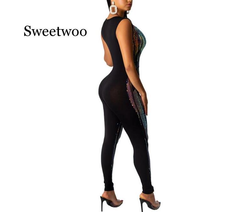Sexy body Plus Size pozycjonowanie kombinezon z cekinami elastyczne V Neck pajacyki kombinezony dla kobiet 2020 kobiet Streetwear kombinezony