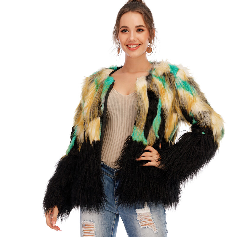 Elegante casaco de pele sintética para mulheres, casaco quente retalhamento, manga comprida feminina, casacos curtos de imitação de pele, tamanho grande outono e inverno