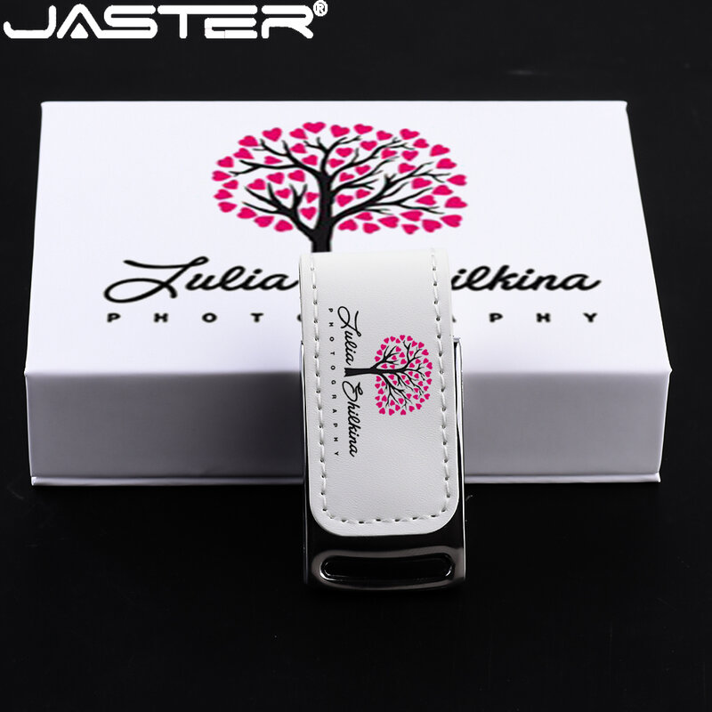 Jaster pendrive de impressão colorida, pen drive da moda com usb 128gb, de couro, 64gb 32gb, logotipo personalizado, caixa de papel preta