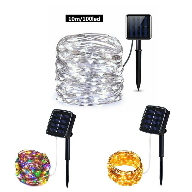 Guirnalda de luces solares impermeables, 100LED, con 8 modos de iluminación, lámpara de decoración para fiestas en el jardín, pulsando el botón de modo