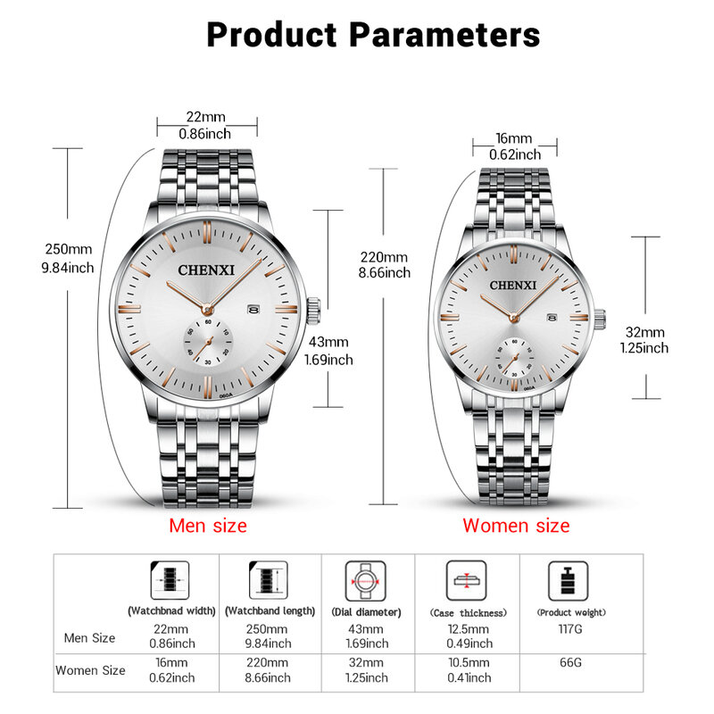 CHENXI-Reloj de acero inoxidable para hombre y mujer, pulsera resistente al agua con fecha, relojes de cuarzo a la moda, regalo para esposa
