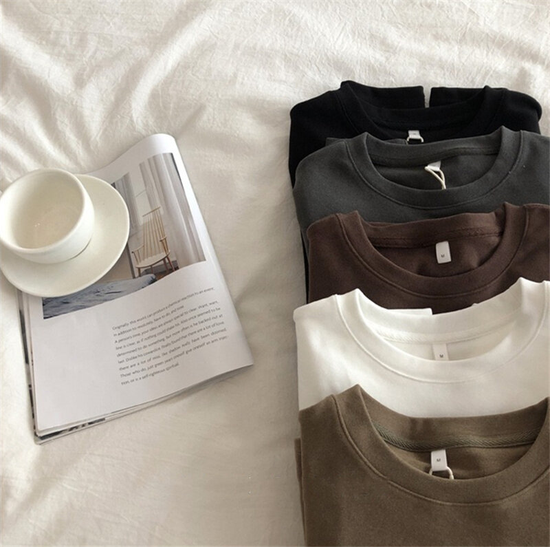 Lmq camiseta de algodão com cor sólida, camiseta feminina com manga comprida e gola redonda, blusa básica grossa macia para outono