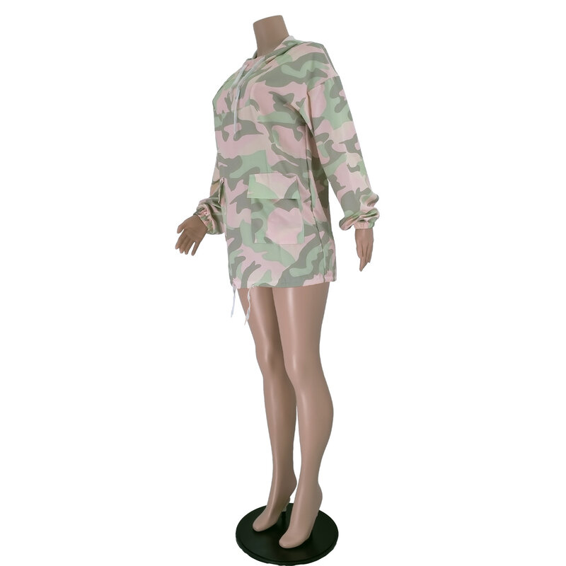 Skmy Nieuwe Herfst Jurken Voor Vrouwen 2021 Camouflage Gedrukt Pockets Lange Mouwen Hooded Trekkoord Losse Mini Dress Party Clubwear