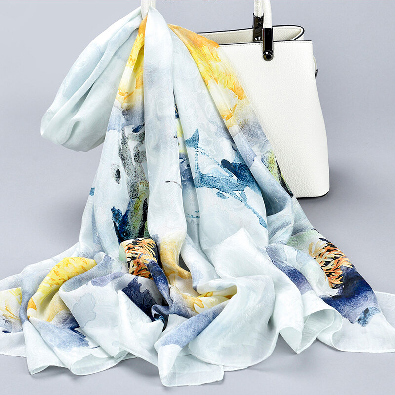 Платок из чистого шелка Женский, 2021, шелк из Ханчжоу, длинный платок из натурального шелка с принтом, 110x190 см