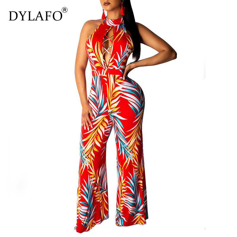 Sexy Women Halter Jumpsuit Sleeveless Halter Backless Hollow Out Playsuit Rompers Casual Slim Floral  Print Jumpsuit Overalls