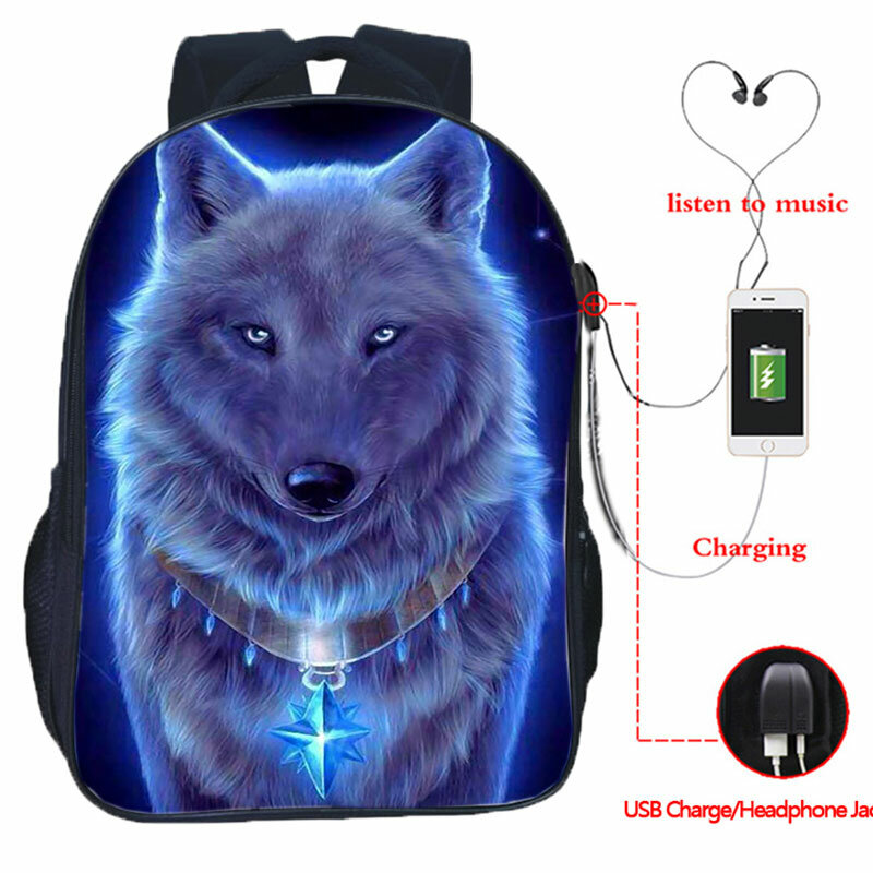 動物のオオカミの3Dプリントが施されたランドセル,USBケーブル付きのランドセル,10代の女の子と男の子用
