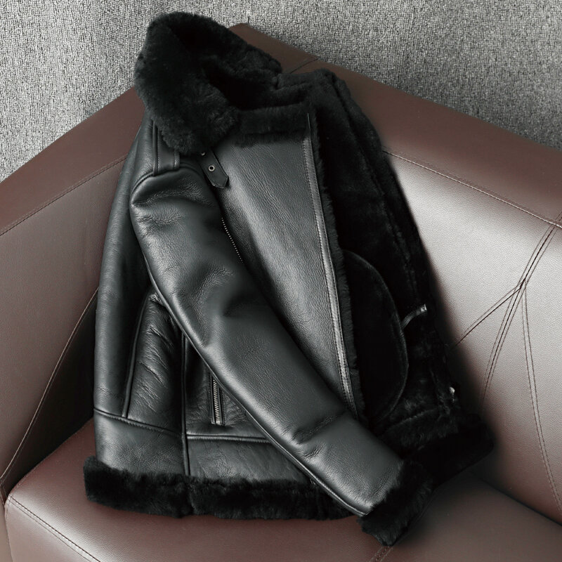 Veste d'hiver en cuir avec fermeture éclair Oblique pour hommes, manteau de fourrure avec revers pour moto, 2021