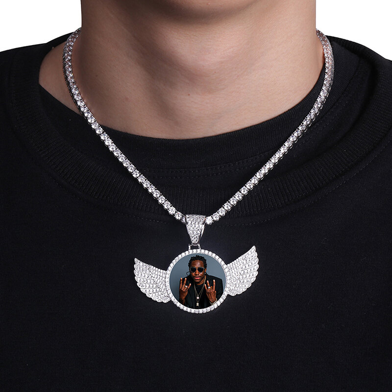 TOPGRILLZ-collar y colgante de oro hecho a medida para hombre, foto con medallones de alas, cadena de tenis de 4mm, circonita cúbica, joyería de Hip hop