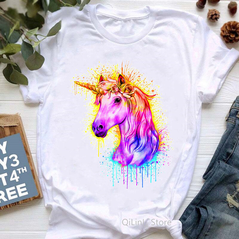 Camiseta con estampado de unicornio con flores para mujer, Top de verano para mujer, camiseta informal de manga corta blanca para mujer, camisetas de los años 90 para niñas