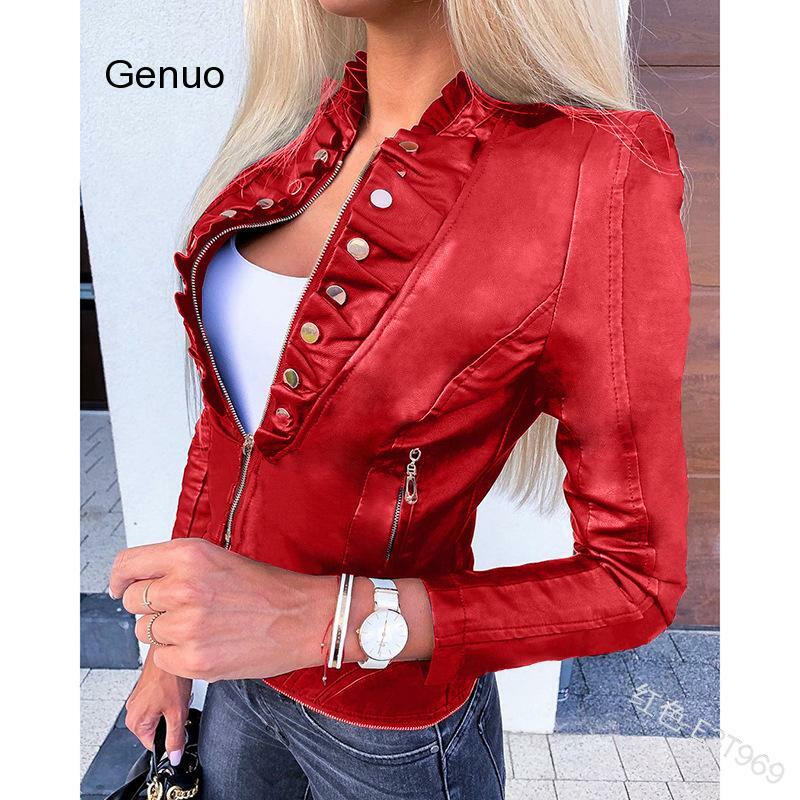 Jaqueta curta de couro artificial para motocicleta, jaqueta curta com zíper e bolsos de botão feminina casual