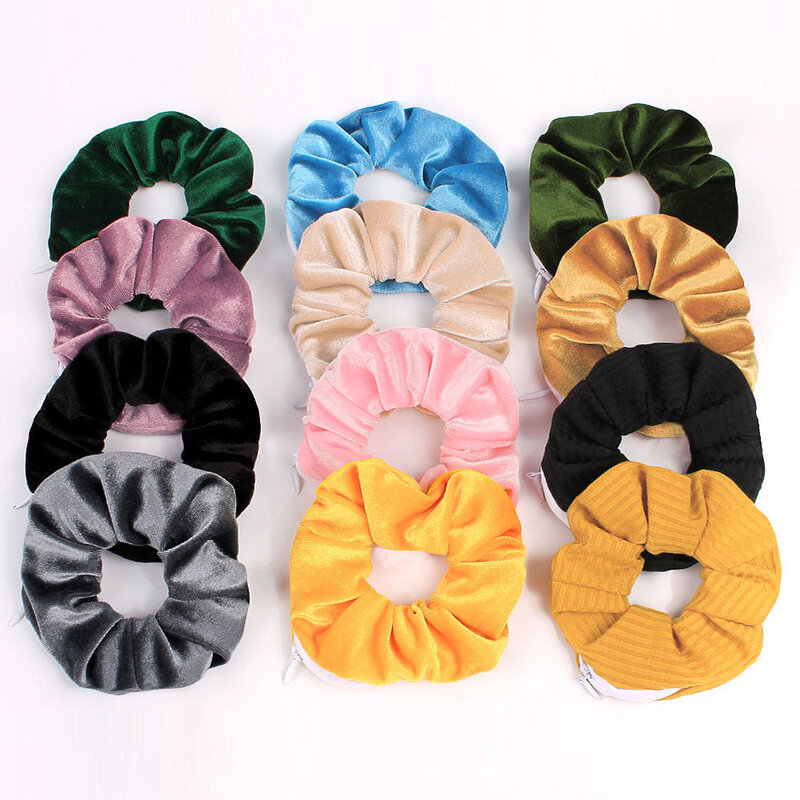 2020 neue Jahr Neuheit Designs Zipper Scrunchies Frauen Kreative Samt Haarbänder Marke Qualität Tasche Scrunches Mit Zip