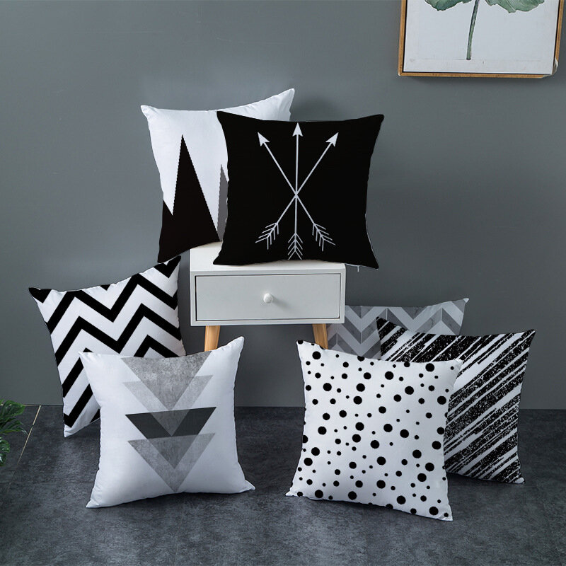 Наволочка для подушки с геометрическим рисунком, черно-белая, из полиэстера, в полоску, в горошек, треугольная, Геометрическая, художественная подушка