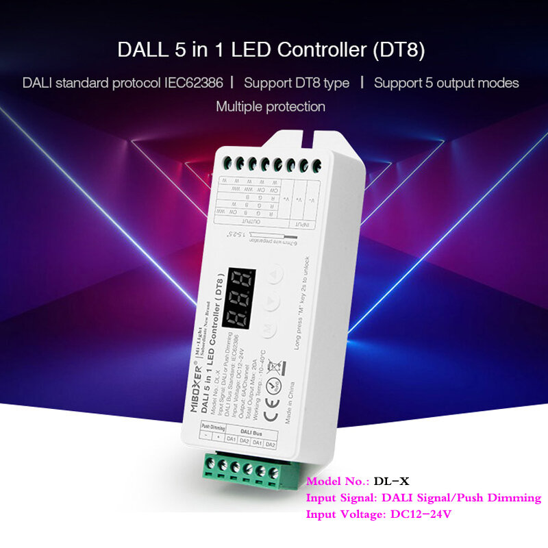 DT8 دالي 5 في 1 LED قطاع تحكم شاشة ديجيتال باهتة لون واحد/RGB/RGBW/RGB + CCT وضع الإخراج 12 ~ 24 فولت متوافق DL-POW1