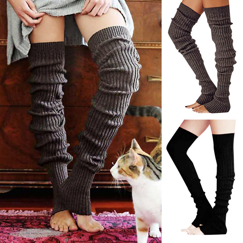 Womens inverno quente Crochet malha perna aquecedores estilo Casual cor sólida Footless coxa alta meias pilha de meias 2023 preto/marrom