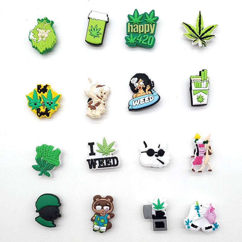 Hot 1pcs Cartoon weed PVC Shoe Charms Funny leaf Shoe aceessori Fit women's croc zoccoli Buckle jibz adult X-mas Party gifts