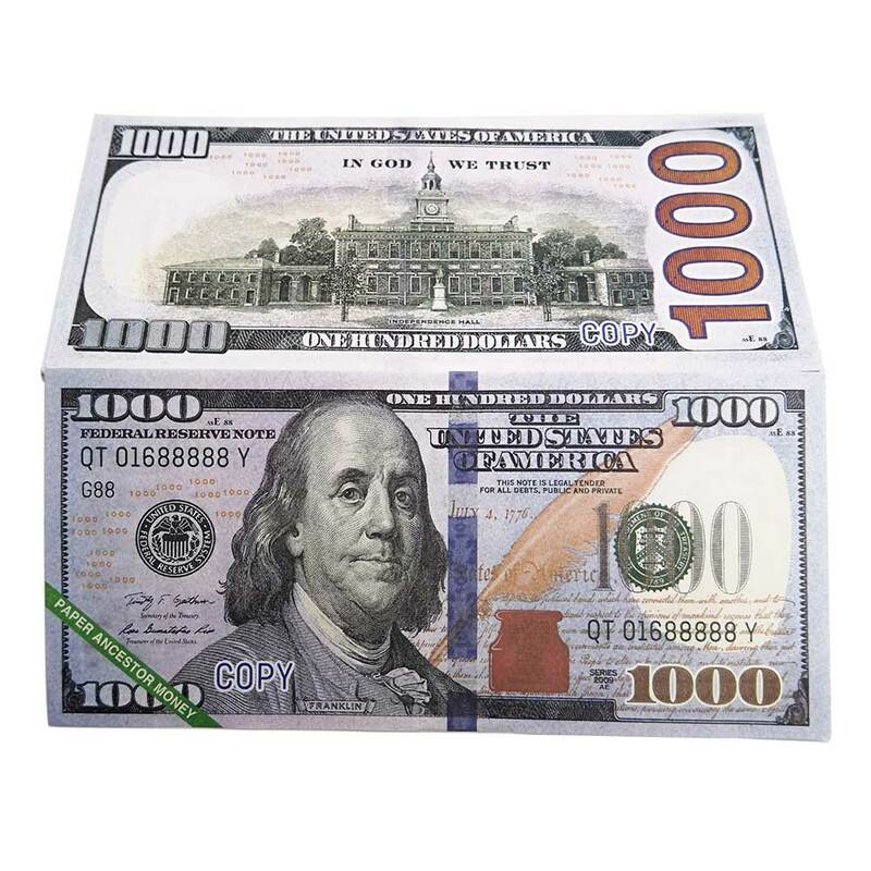 Joss Carta Cielo Inferno Banconote di Valuta Prop Antenato del Dollaro Dei Soldi (US.1000) Feng Shui Compleanni Memento Buona Fortuna