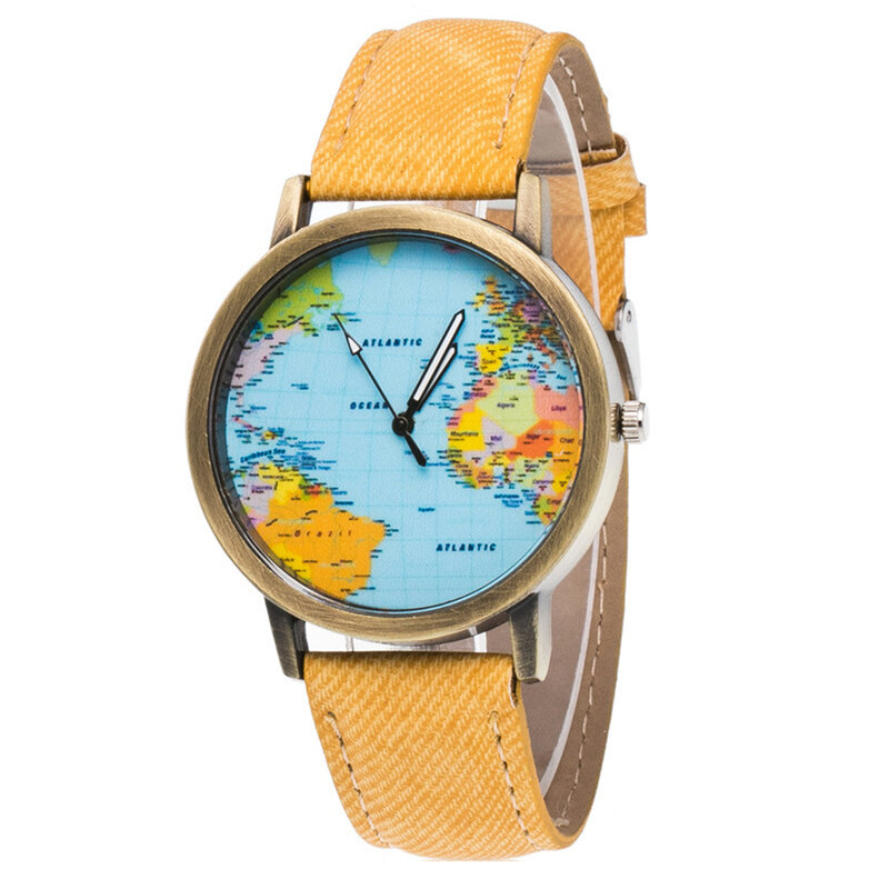 Correa de piel sintética con mapa del mundo para mujer, reloj de cuarzo con esfera redonda, analógico, Retro, Unisex, regalo