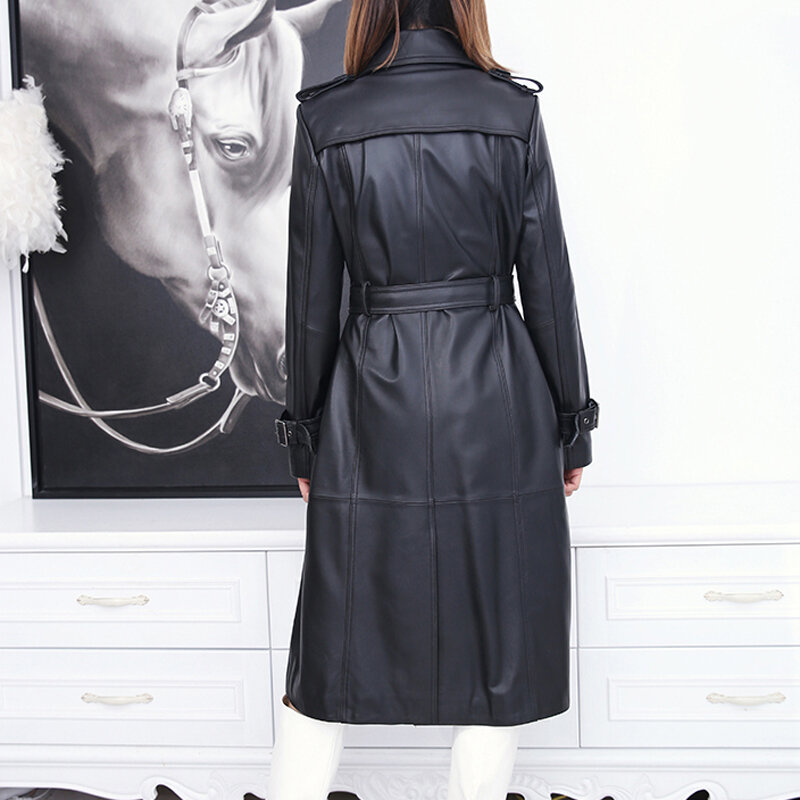 Women Leather Coat Female Top Quality Double-Breasted Lambskin Big Pockets Belt Slim Windbreaker Jacket Mujer Beige Stylish Ropa