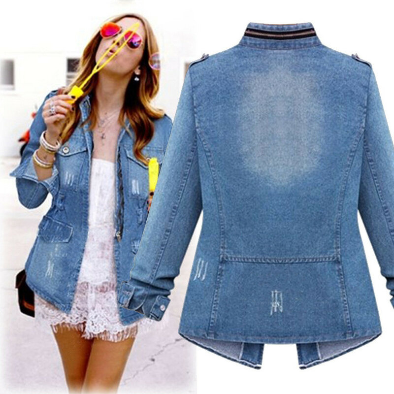 Female Jacket Womens Plus Size Ladies Denim Oversize Jeans Chain Jacket Pocket Coat Polyester Solid Pattern Turn-down Collar 9.3