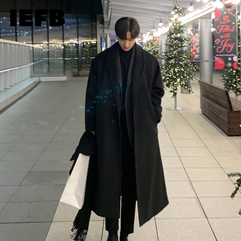 IEFB-Sobretudo de lã de peito único masculino, casaco casual solto, manga longa, tendência coreana, moda outono, inverno, novo, 9D1655