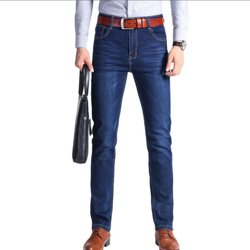 Pantalones vaqueros de marca para hombres, pantalones vaqueros ajustados elásticos informales de negocios, color azul claro y negro, Estilo clásico