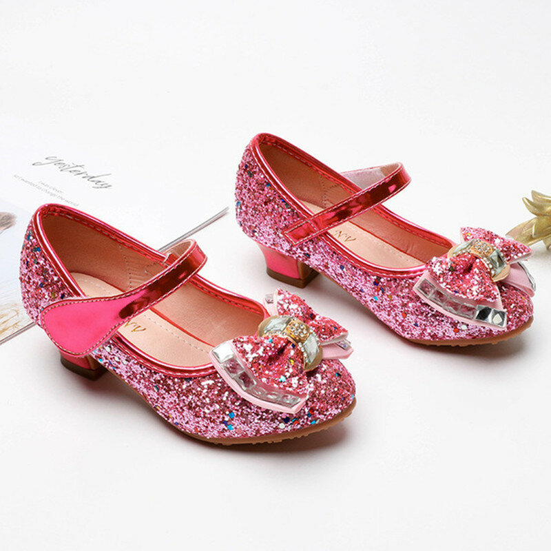 Обувь принцессы на высоком каблуке для девочек; детская Свадебная обувь с блестками для девочек; модельные туфли для девочек; цвет синий, ро...