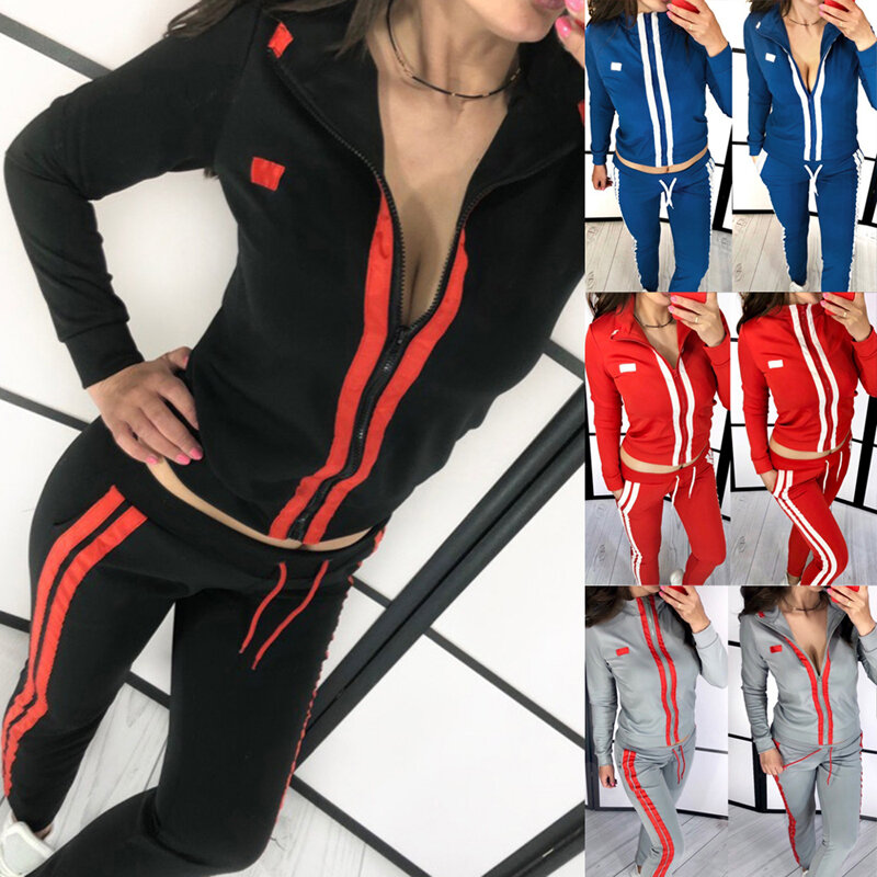 Striped Jumpsuits Women Casual 2Pieces Outfits Running Set Fashion Sweatsuits Zipper Tracksuits Long Sleeve Tops Pants Sport Set