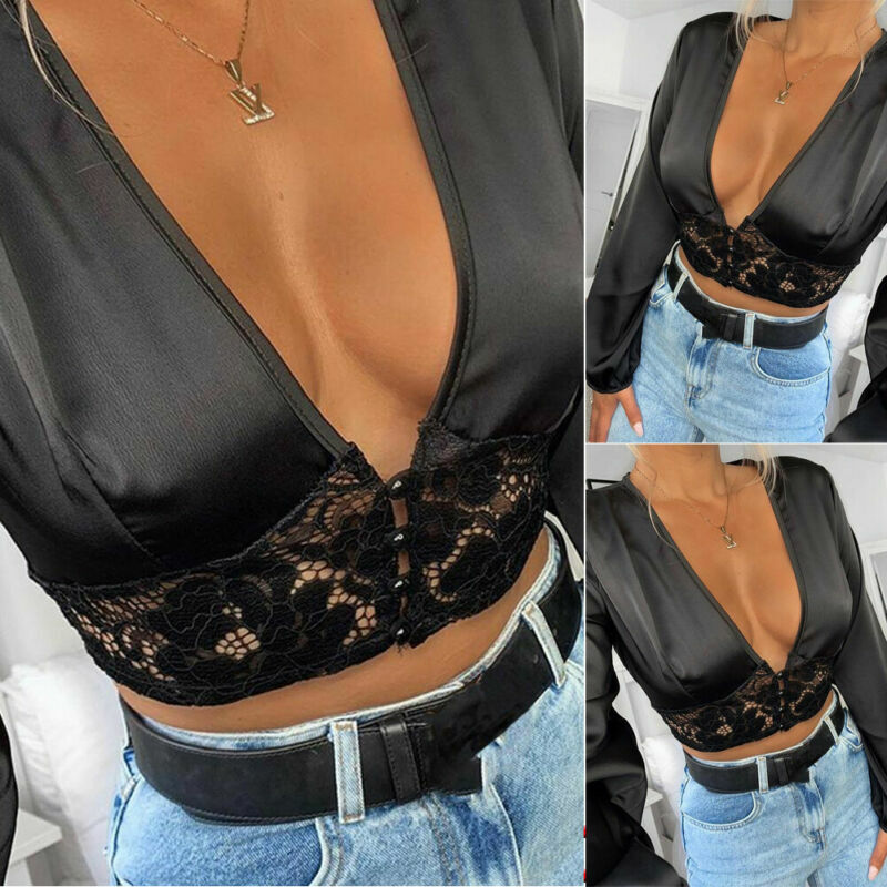 Women Blouses for Spring Autumn Sexy Hollow Mesh Sheer See-through Deep V Lace Long Sleeve Shirt Top Female Blusas