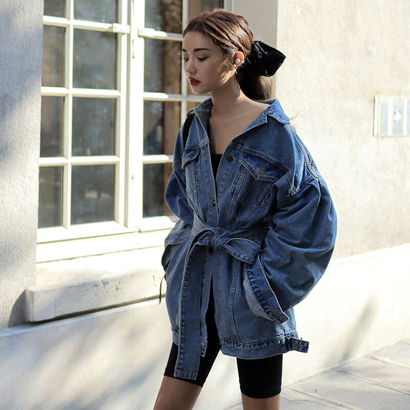 Женская джинсовая куртка, весна-осень 2022, верхняя одежда на шнуровке с поясом, модное длинное пальто в стиле High Street, Женская куртка