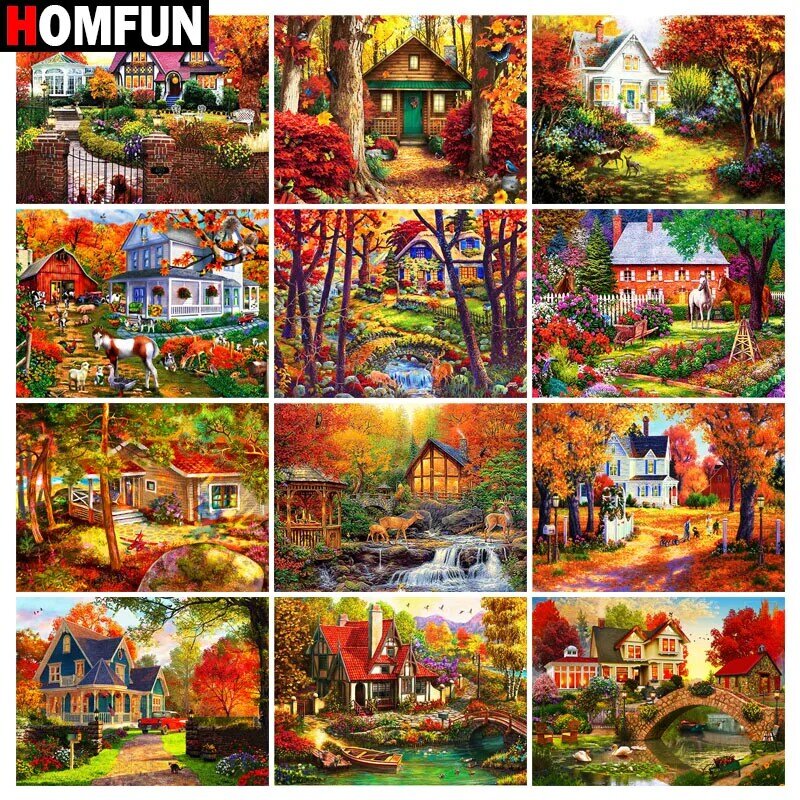 HOMFUN Full Square/Round Drill 5D DIY Diamond Painting "Landscape house tree" Embroidery Cross Stitch 5D Home Decor Gift