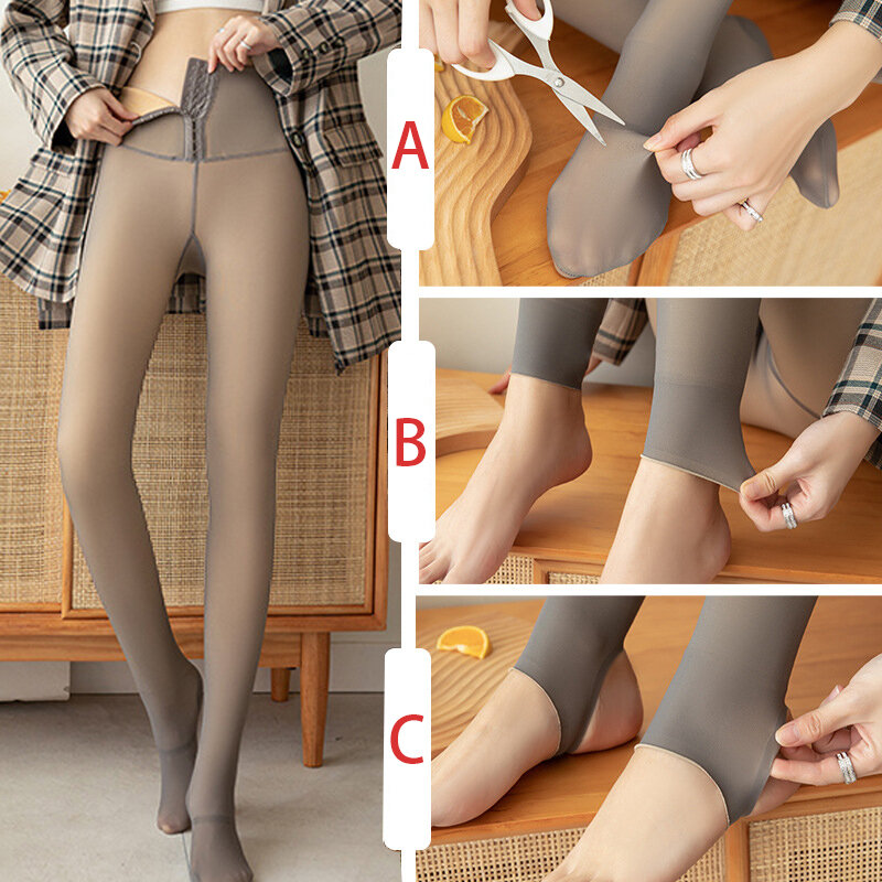 Meia-calça de lã quente com fivela, aparência pura translúcida, cintura alta, meia de controle abdominal alta elasticidade, aquecedor de perna fina, inverno