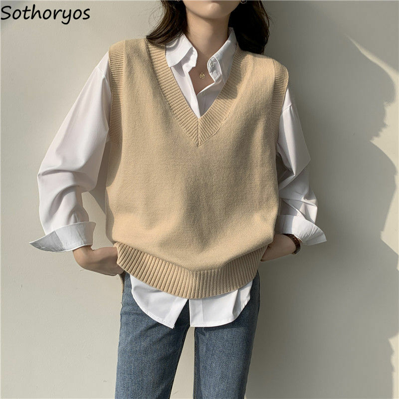 Suéter colete feminino gola v, simples slim tudo justo casual estilo coreano adolescentes moda chique outono inverno sem mangas