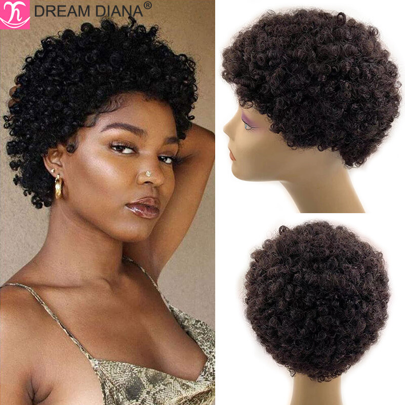 DreamDiana Brazilian Hair Afro Curly Human Hair Wigs Brown 99J Remy Pixie Cut Short Hair Wigs Full Machine Made Human Hair Wigs