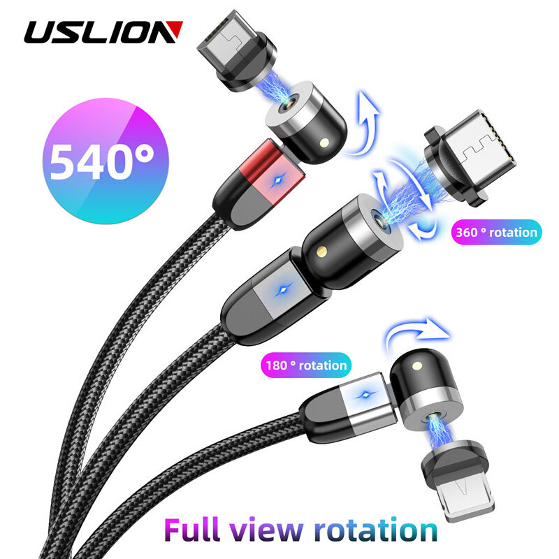 USLION-새로운 업데이트 마그네틱 케이블, 빠른 충전 마이크로 USB 유형 C 삼성 아이폰 360 + 180 도 회전