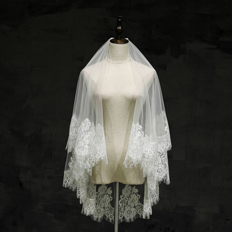 Nuzk véu de noiva com blusher duas camadas véu de renda curto véus de casamento capa frontal e traseira cotovelo comprimento laço véu