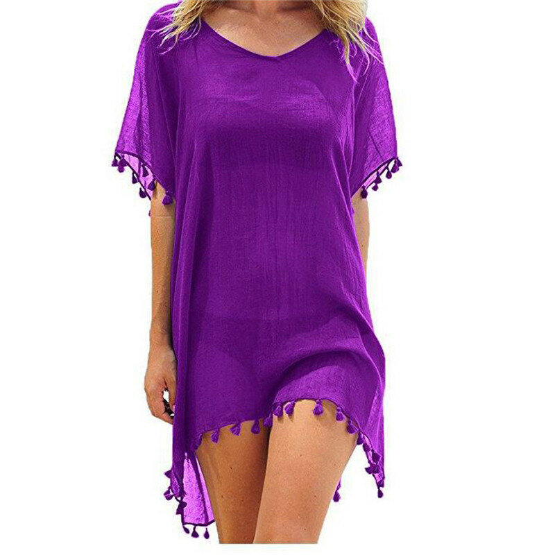 Robe de plage en mousseline de soie pour femmes, 2021, cover-up pour les maillots de bain, mini robe d'été, couleur unie