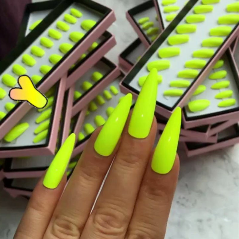 Neon Green Faux Ongles Long Stiletto Artificial Fake Nails With Glue Sticker Full Cover Halloween Impress Press On Nails False