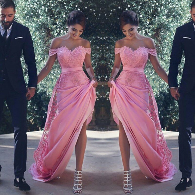 Платье длинное с открытыми плечами для подружки невесты, пикантное ТРАПЕЦИЕВИДНОЕ свадебное платье с кружевной аппликацией, розовое платье для подружки невесты
