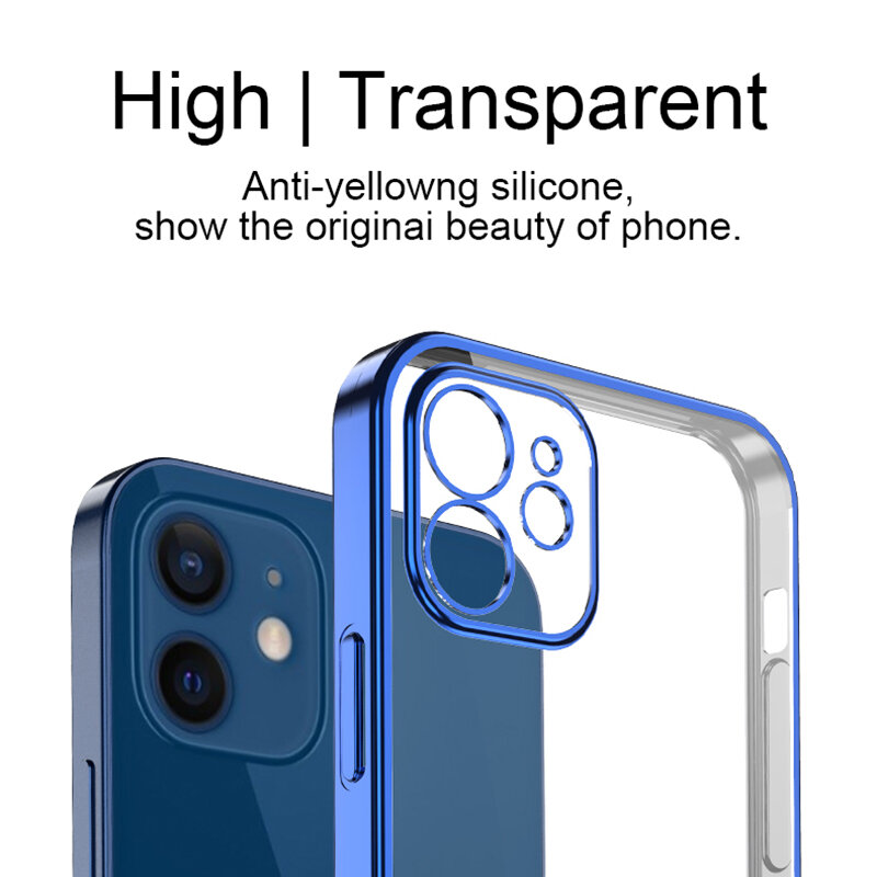 Coque de téléphone carrée en silicone transparent pour iPhone, coque ferme de placage souple, iPhone 11 12 13 Pro Mini Xs Max X Xr Se 2020 7 8 Plus, luxe