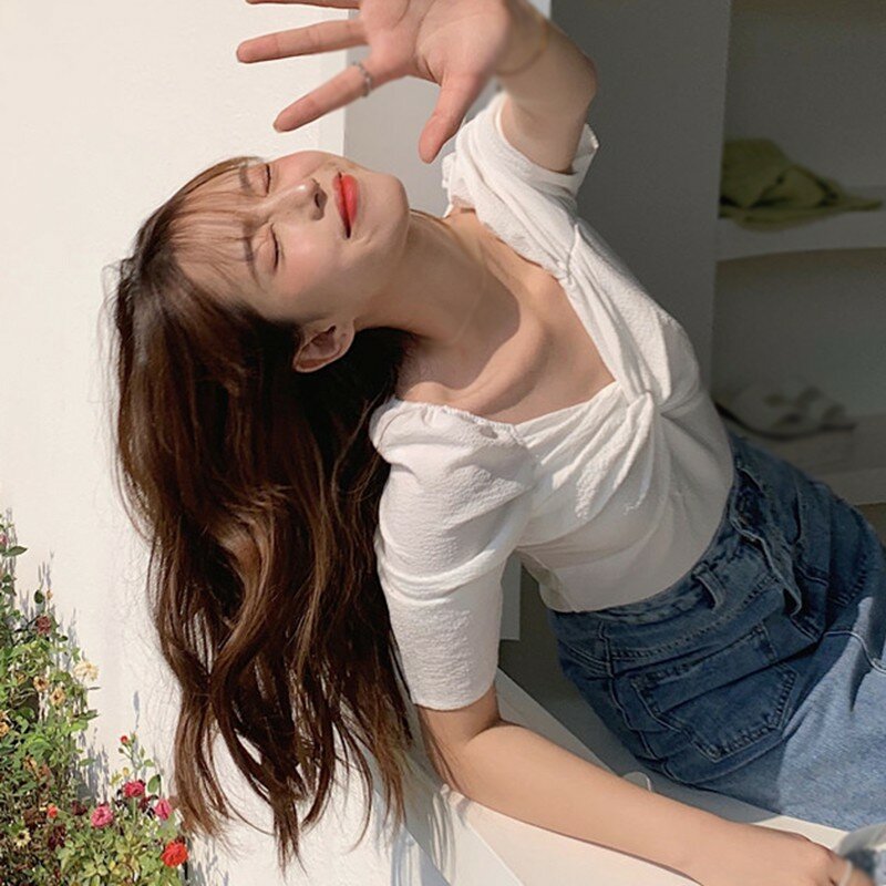 Blusa feminina manga curta lisa, camisa feminina gola v estilo coreano 2020