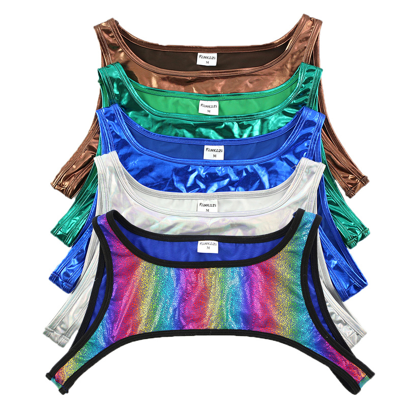 Regata masculina de couro sintético, camiseta brilhante de arco-íris com músculos para o peito, vestuário de praia para festa em clube